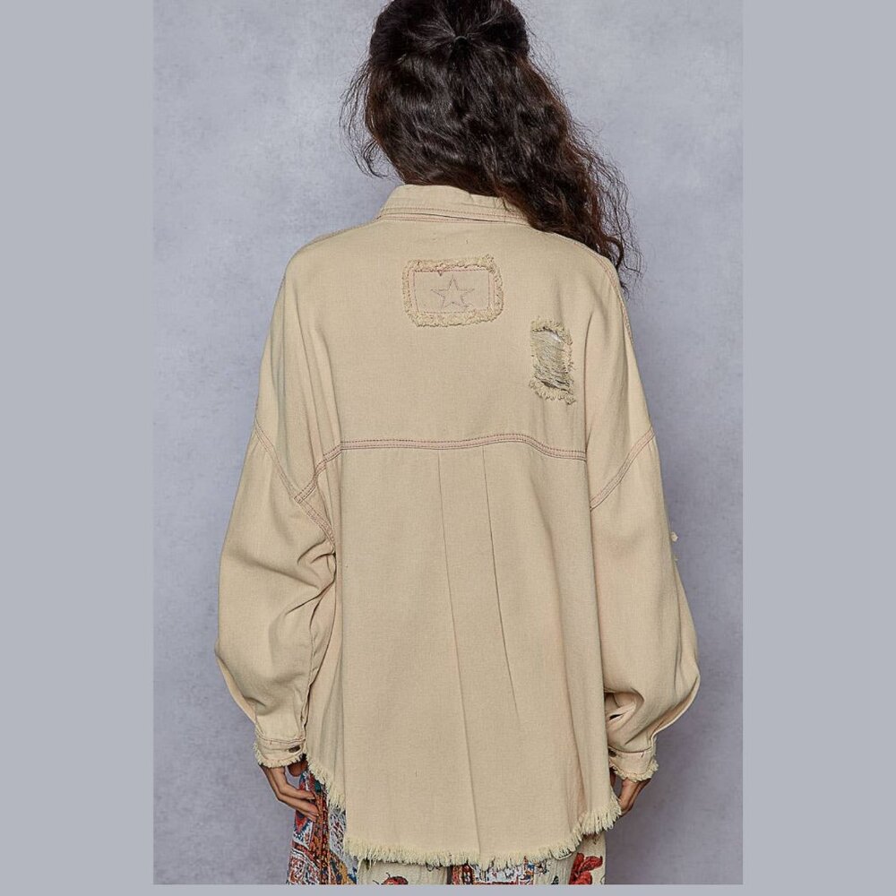 NWT POL Distressed Shacket Button Down Oversized Pink Beige Fringe Hem - Picture 3 of 6